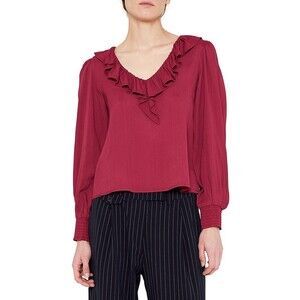 Wild Pony Icon Women's V-Neck Ruffle Blouse Burgundy Size M $109